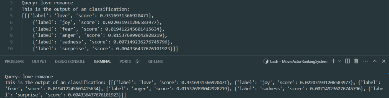 Example output for the query 'love-romance' classification